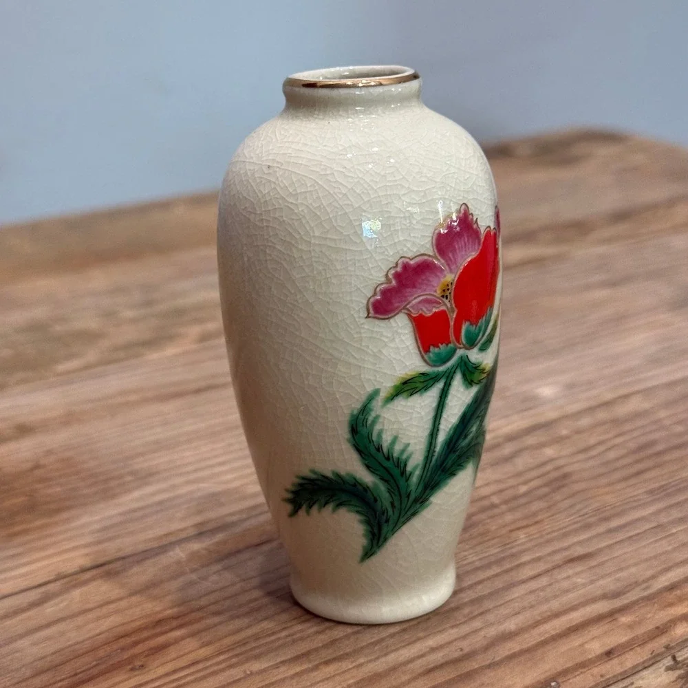 Vintage Homco Japan Crackle Glaze Bud Vase Red Pink Poppy Floral Gold Rim 4 Inch